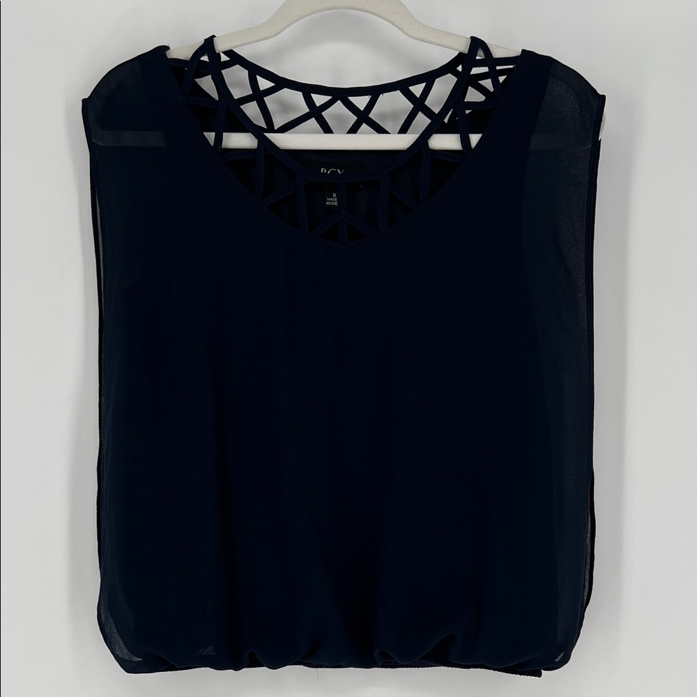 BCX Navy Blue Sleeveless‎ Tank with Lattice Back and Front and shear overlay